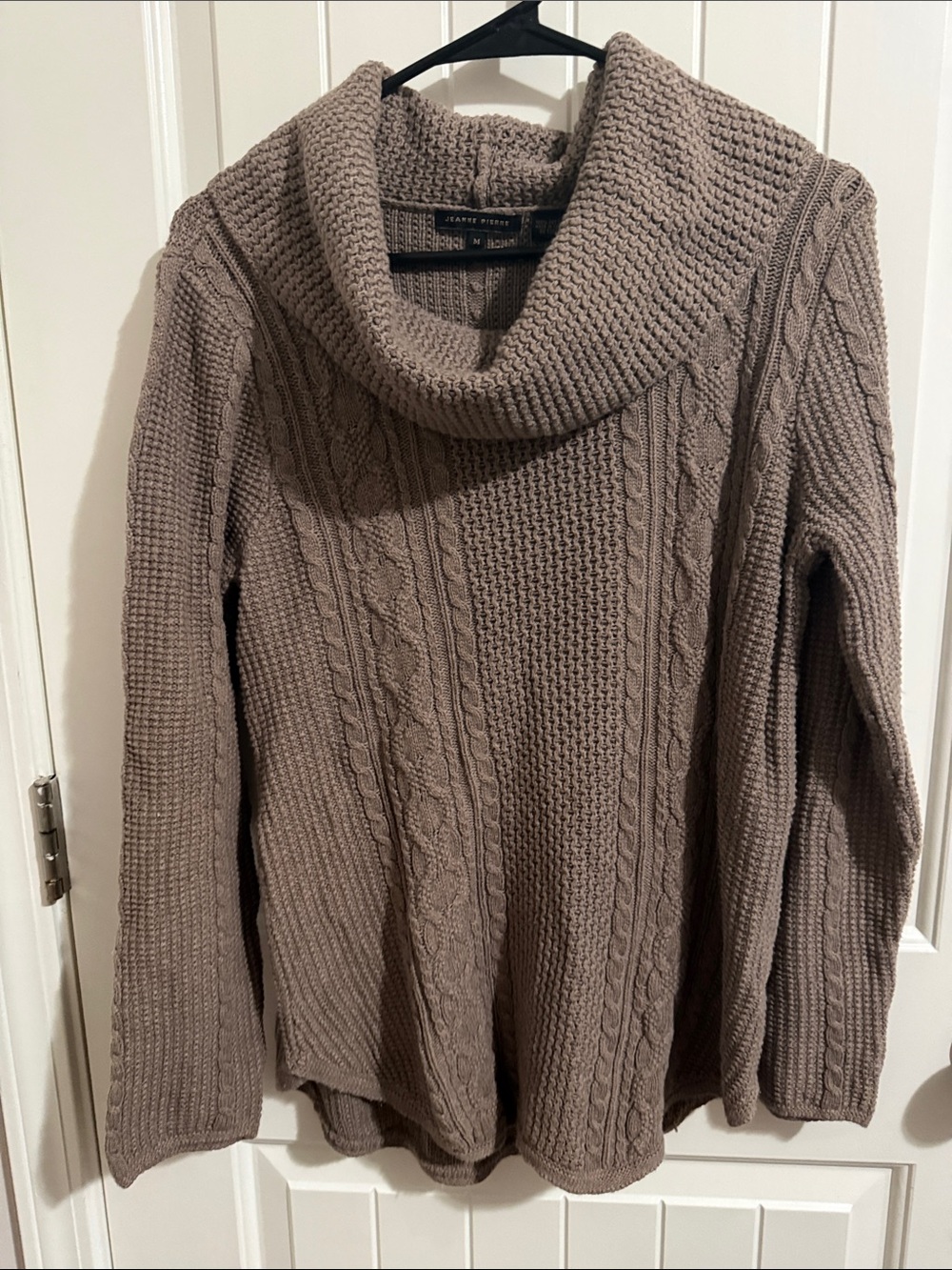 JEANNE PIERRE Taupe Cable Cowl Neck Sweater